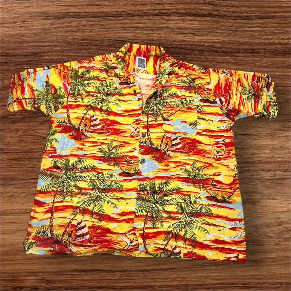 Ocean Current Vintage Rayon Hawaiian Shirt‎ XL Palm Trees Sailboat Red Yellow